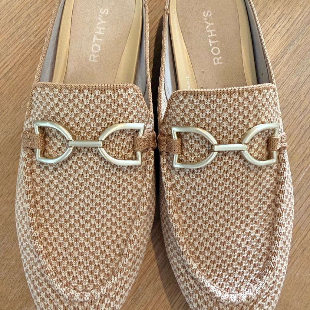 Rothy's Tan Knit Loafers With Gold Horsebit Detail